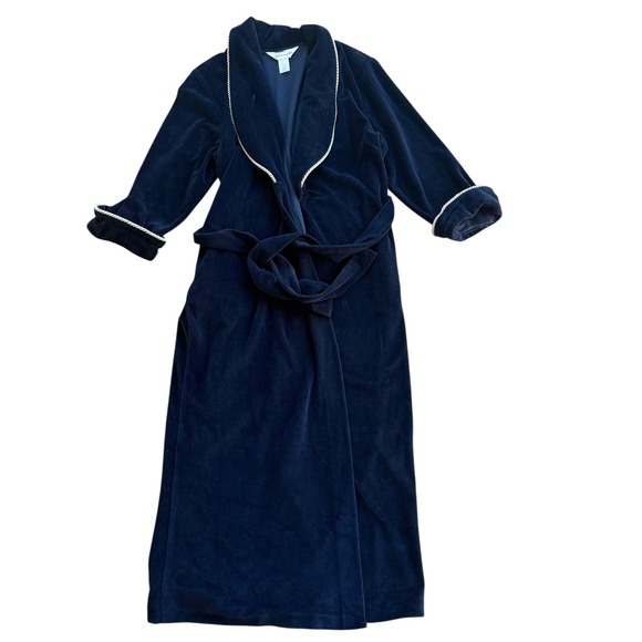 Diamond Tea Velvet Robe Navy Blue Petite Long Sleeve Tie Waist - Picture 7 of 10